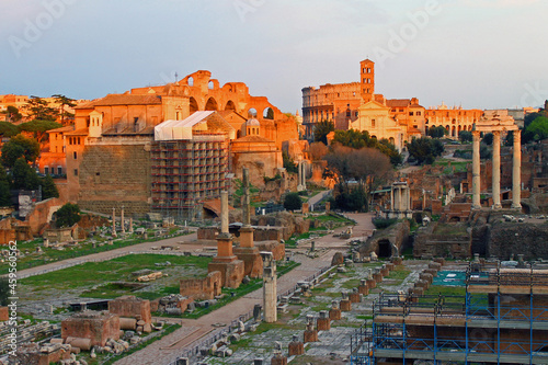 A view of the sunset over the historic forums in Rome