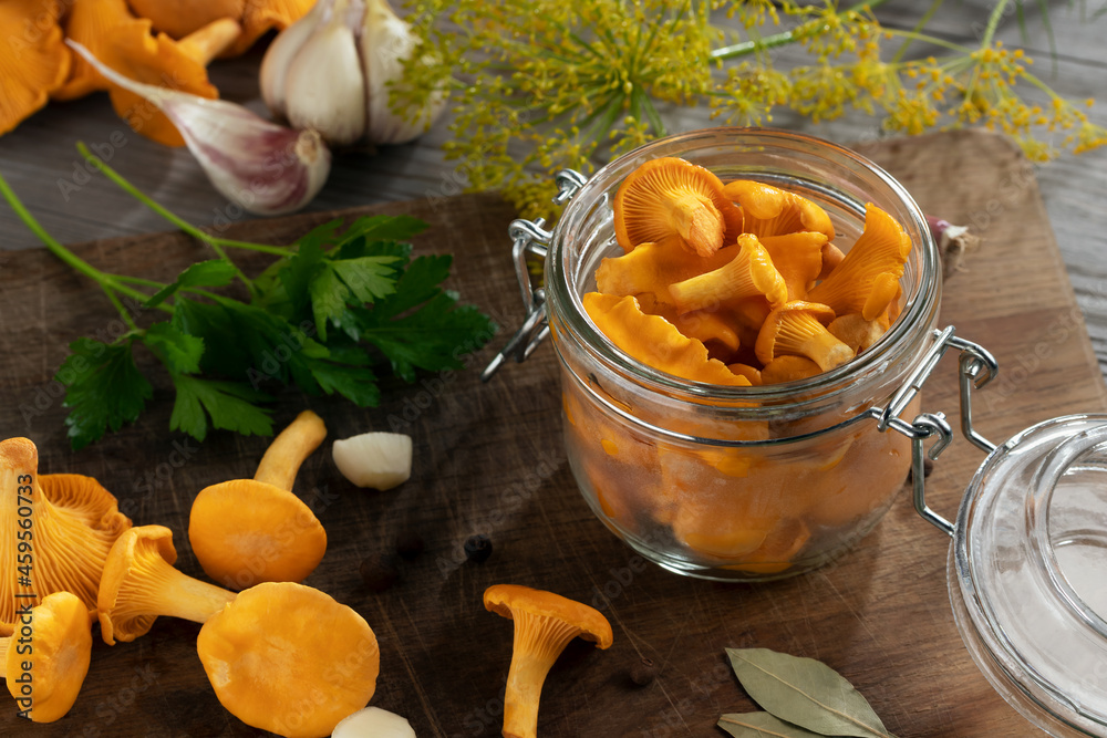 Preserving chanterelle mushrooms in a jar with spices and herbs. Pickling wild edible mushrooms - obrazy, fototapety, plakaty 