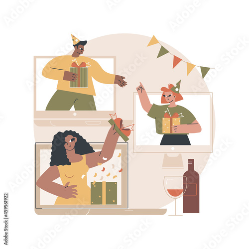 Sharing gifts online abstract concept vector illustration. Online celebration, unpacking present on video, sending greetings on camera, opening gift, virtual party, sharing fun abstract metaphor.