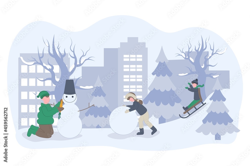 children playing in the snow, making snowman. Winter holidays. Active kids
