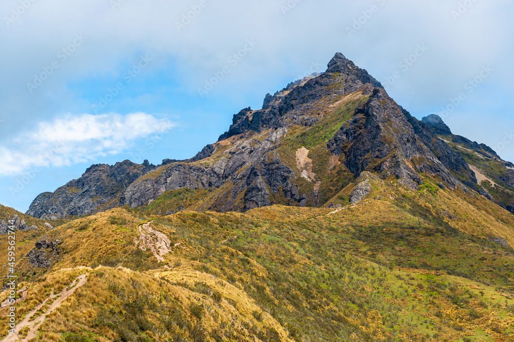 Rucu Pichincha volcanic peak (4696m) along the hike in the Andes mountains, Pichincha volcano, Quito, Ecuador.