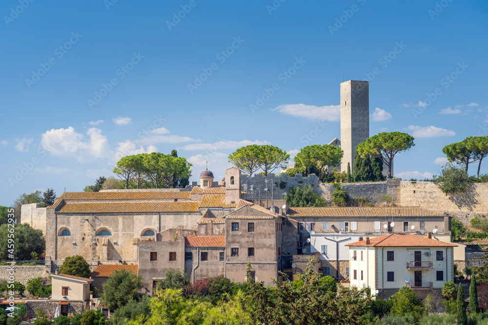 old medieval tower in summer day under blue sky with copy space near the Rome in Italy