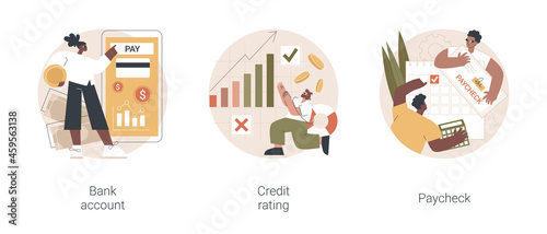 Financial services abstract concept vector illustration set. Bank account, credit rating, paycheck cash, card details, electronic savings deposit, salary statement, company score abstract metaphor.