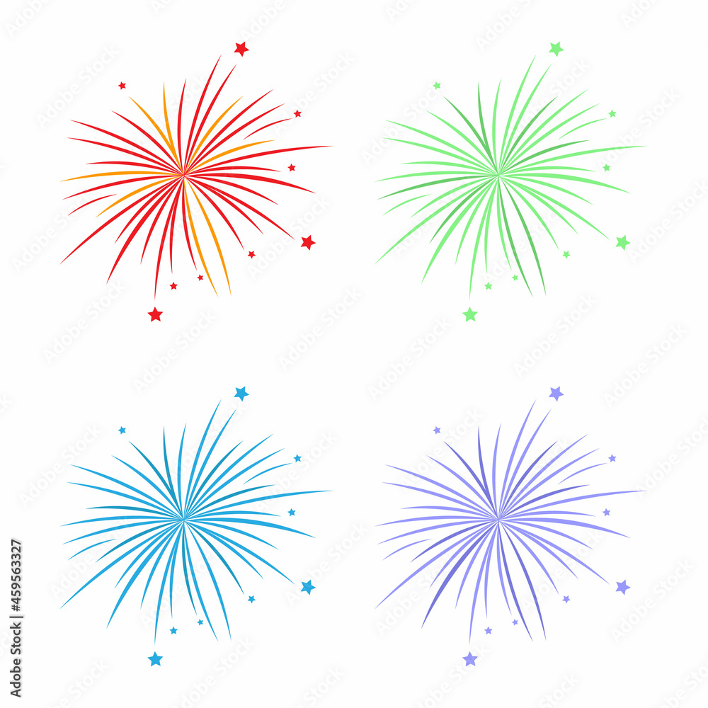 set of colorful fireworks on white background, vector illustration
