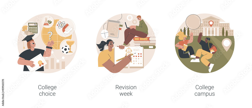 Career choice abstract concept vector illustration set. College choice, revision week, campus tour, career assessment test, timetables and planning, higher degree education abstract metaphor.