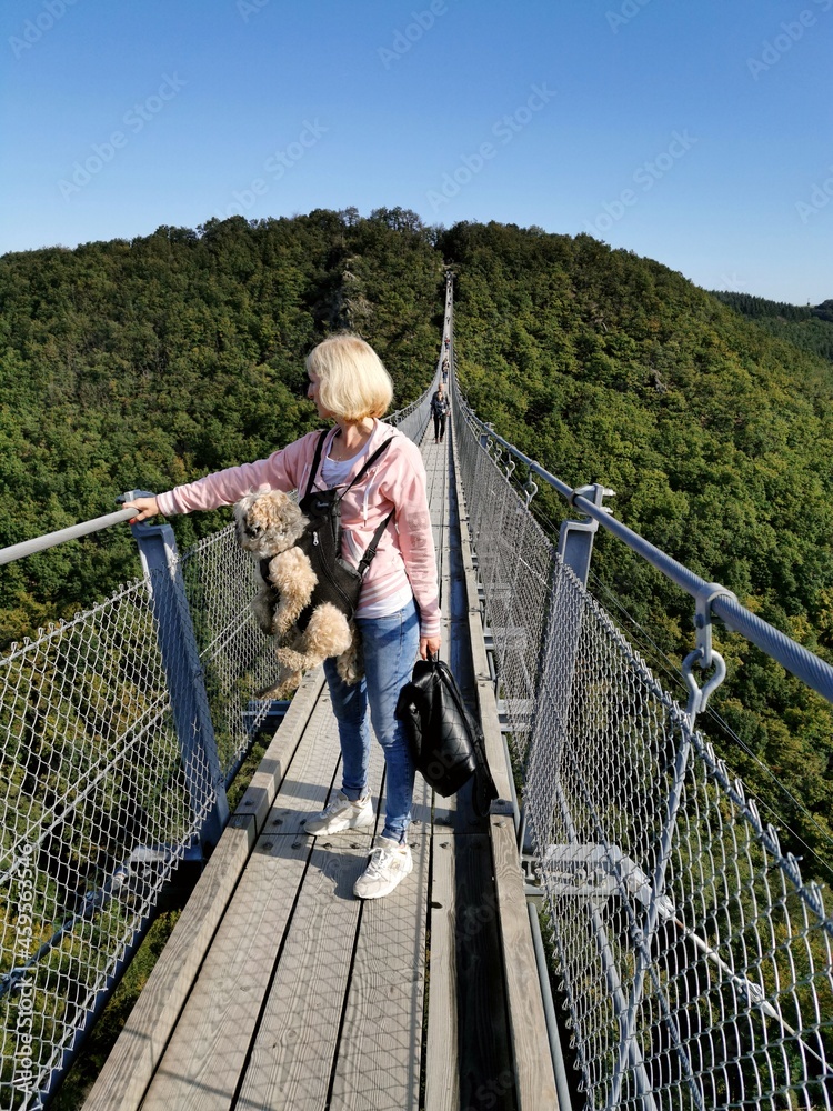 Woman standing on bridge with her dog, The Geierlay Bridge, Germany
