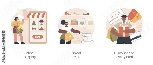 E-commerce platform abstract concept vector illustration set. Online shopping, smart retail, discount and loyalty card, digital product catalog, goods delivery, VR concept store abstract metaphor.