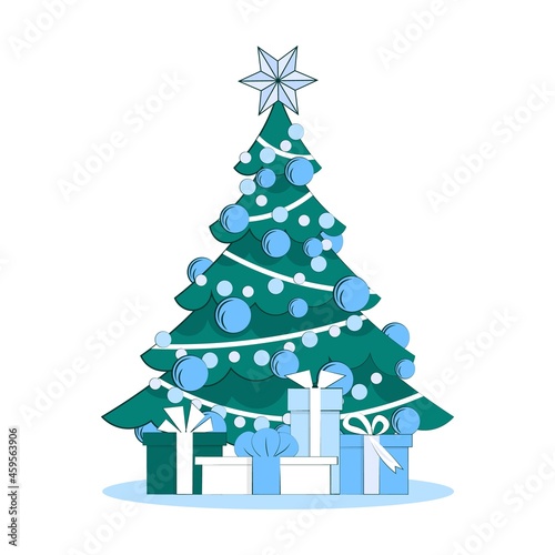 Christmas tree with gift boxes isolated on white background.