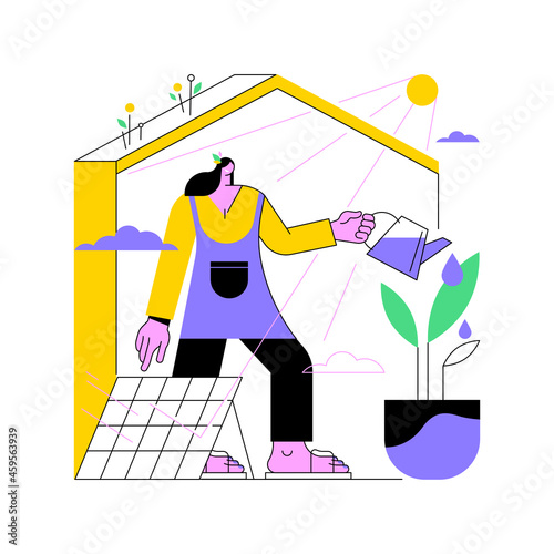Eco house abstract concept vector illustration. Environmentally low-impact home, ecohome technology, thermal insulation, renewable resources, passive house, waste recycling abstract metaphor.