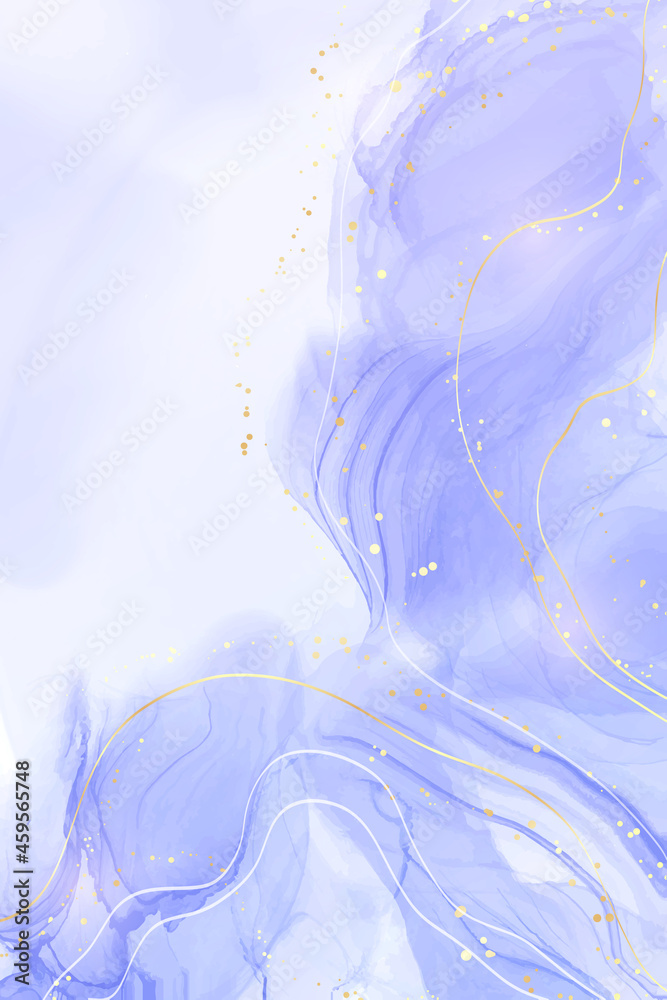 Abstract luxury lavender liquid watercolor background with golden dots and white wavy lines. Pastel violet marble alcohol ink drawing effect. Vector illustration design template for invitation