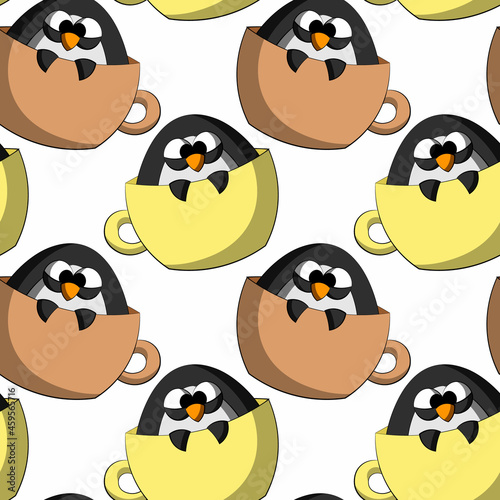 Seamless vector pattern with cute cartoon penguin in mug
