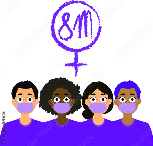 Vector para el día internacional de la mujer 8 de marzo, gente diversa usando máscarillas para evitar contagios de coronavirus. Feminismo, igualdad, derechos humanos.