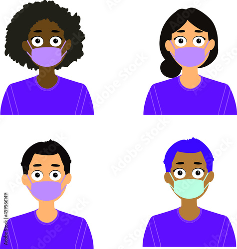Vector, personas diversas juntas llevando mascarilla quirúrgica morada y jersey morado. Feminismo, diversidad, igualdad, 8 marzo, Día Internacional de la Mujer. 