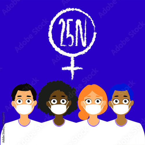 Vector para el día internacional contra la violencia de género 25 noviembre, gente diversa usando máscarillas para evitar contagios de coronavirus. Feminismo, igualdad, derechos humanos.