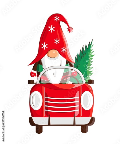 Christmas scandinavian gnome driving in a truck with new year tree. Cute childish illustration, holiday print and card