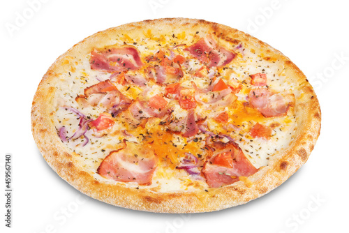 Fresh baked pizza carbonara on a white isolated background