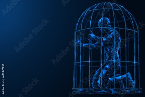 A man in a cage. A person in need of psychological help. Isolation from the outside world. A low-poly construction of interconnected lines and points. Blue background.