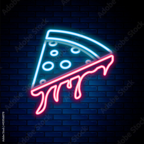 Glowing neon line Slice of pizza icon isolated on brick wall background. Colorful outline concept. Vector