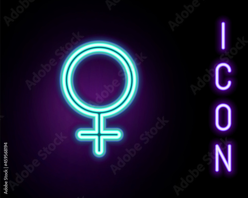 Glowing neon line Female gender symbol icon isolated on black background. Venus symbol. The symbol for a female organism or woman. Colorful outline concept. Vector