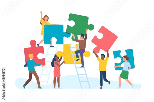 Tiny people with puzzle. Men and women collect large color puzzle pieces, office teamwork, work optimization, common affair, business teambuilding, vector cartoon flat isolated concept