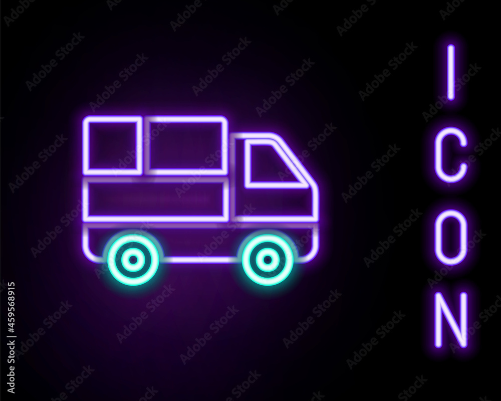 Glowing neon line Delivery truck with cardboard boxes behind icon isolated on black background. Colorful outline concept. Vector Glowing neon line Delivery truck with cardboard boxes behind icon isolated on black background. Colorful outline concept. Vector