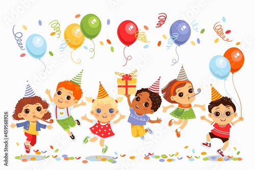 Jumping birthday kids. Little cute friends have fun, children holiday party, balloons, bright decorations and confetti, boy holds gift, cartoon flat isolated characters, vector concept