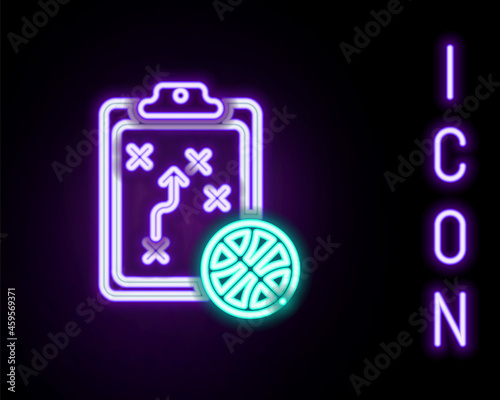 Glowing neon line Basketball over sports winner podium icon isolated on black background. Colorful outline concept. Vector