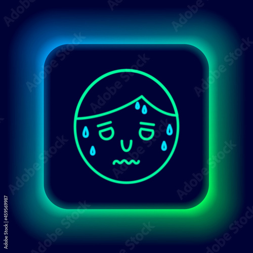 Glowing neon line Man with excessive sweating icon isolated on black background. Colorful outline concept. Vector