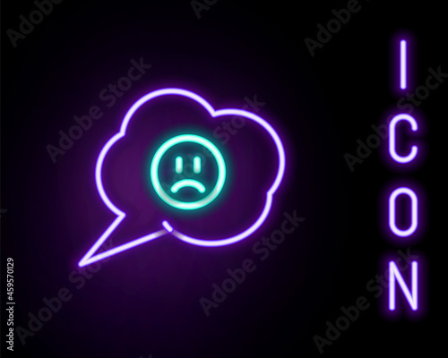 Glowing neon line Speech bubble with sad smile icon isolated on black background. Emoticon face. Colorful outline concept. Vector