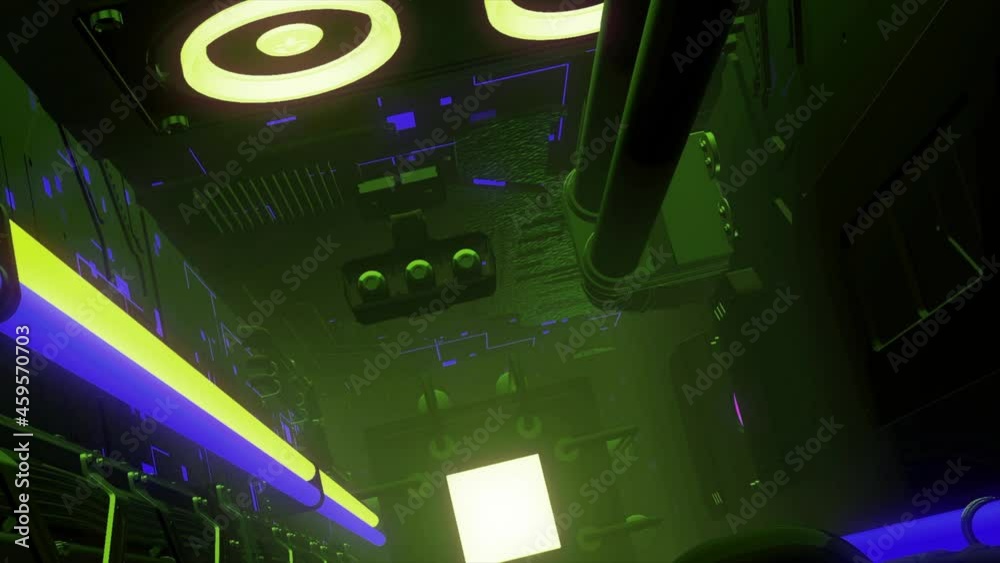 Animation of clean futuristic alien sci fi fantasy with many light buttons. Motion. Abstract digital corridor of a space aircraft.
