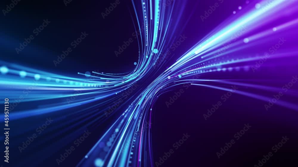 High tech abstract background with colorful light trails. Futuristic power stream motion in cyberspace. Bright stripes and shiny particle animation for innovation data flow concept. Seamless loop.