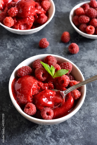 Raspberry sorbet, ice cream scoop