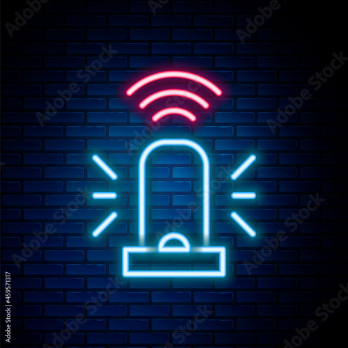 Glowing neon line Smart flasher siren system icon isolated on brick wall background. Emergency flashing siren. Internet of things concept with wireless connection. Colorful outline concept. Vector