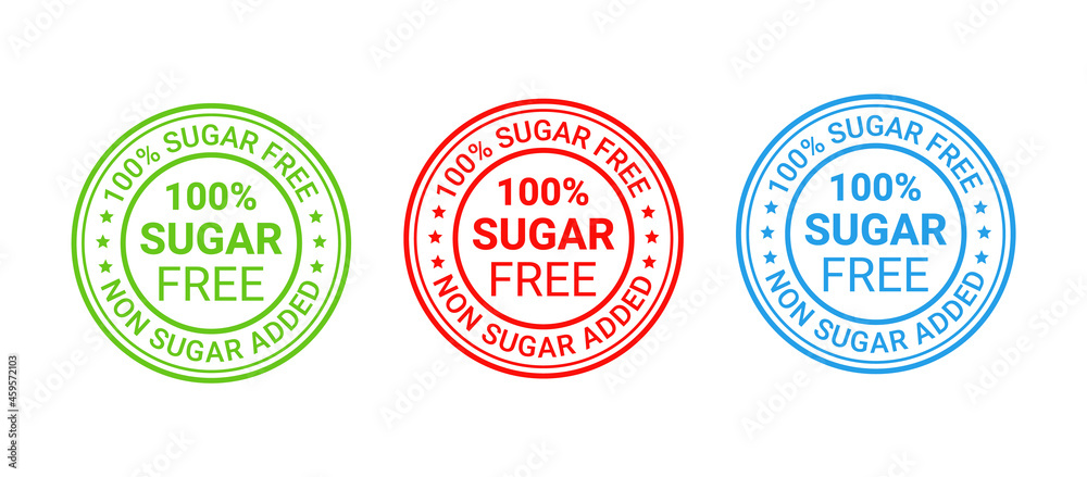 Sugar free round stamp, icon. No sugar added label. Diabetic rubber badge. Certified sticker,mark. Green red blue seal imprints isolated. Emblem for packaging on white background. Vector illustration