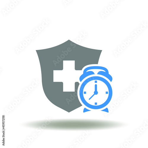 Vector illustration of shield with medical cross and alarm clock. Icon of long term care. Symbol of medicine insurance.