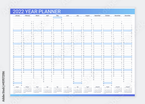 Calendar planner for 2022 year. Desk calendar grid. Annual daily organizer template. Agenda diary. Week starts Sunday. Schedule page with 12 month in English. Vector illustration in simple design.