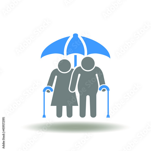 Vector illustration of umbrella and elderly couple. Symbol of health insurance old. Icon of long term care.