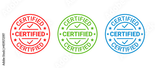Certified rubber stamp. Vector. Quality mark approval. Checked retro badge. Warranty label, icon. Endorsed round sticker. Vintage seal imprints. Emblems isolated on white background. Illustration