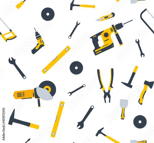House repair tool seamless pattern logo. Woodwork house repair saw home construction vector background