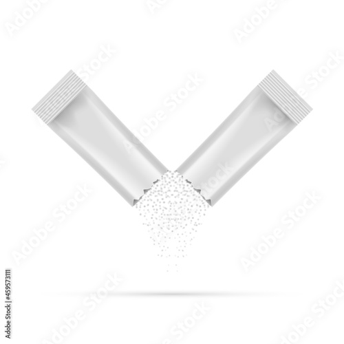 Sugar pour powder stick broken packet falling. Sugar bag package icon vector mockup