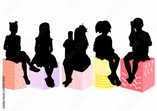 Silhouette of children sitting on an ottoman. Photo studio and model. Isometric flat style. Isolated illustration.