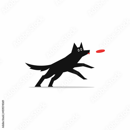 Dog vector. Dog playing disk vector illustration. Black happy dog playing vector design.