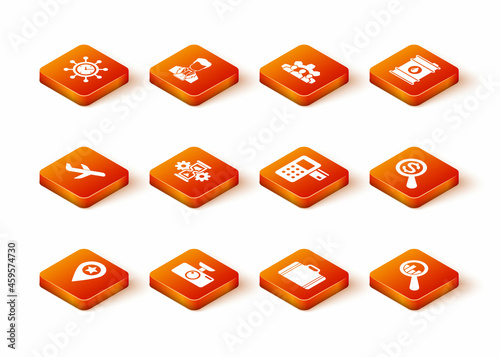 Set Location with star, Car DVR, Plane, Hourglass and gear, Suitcase for travel and Pos terminal icon. Vector