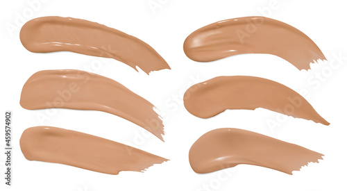 Foundation smudges. Make up concealer splash. Fashion vector swatch. Cosmetic brown background. Foundation smears. Face beauty powder. Makeup color product. Foundation cream isolated on white.