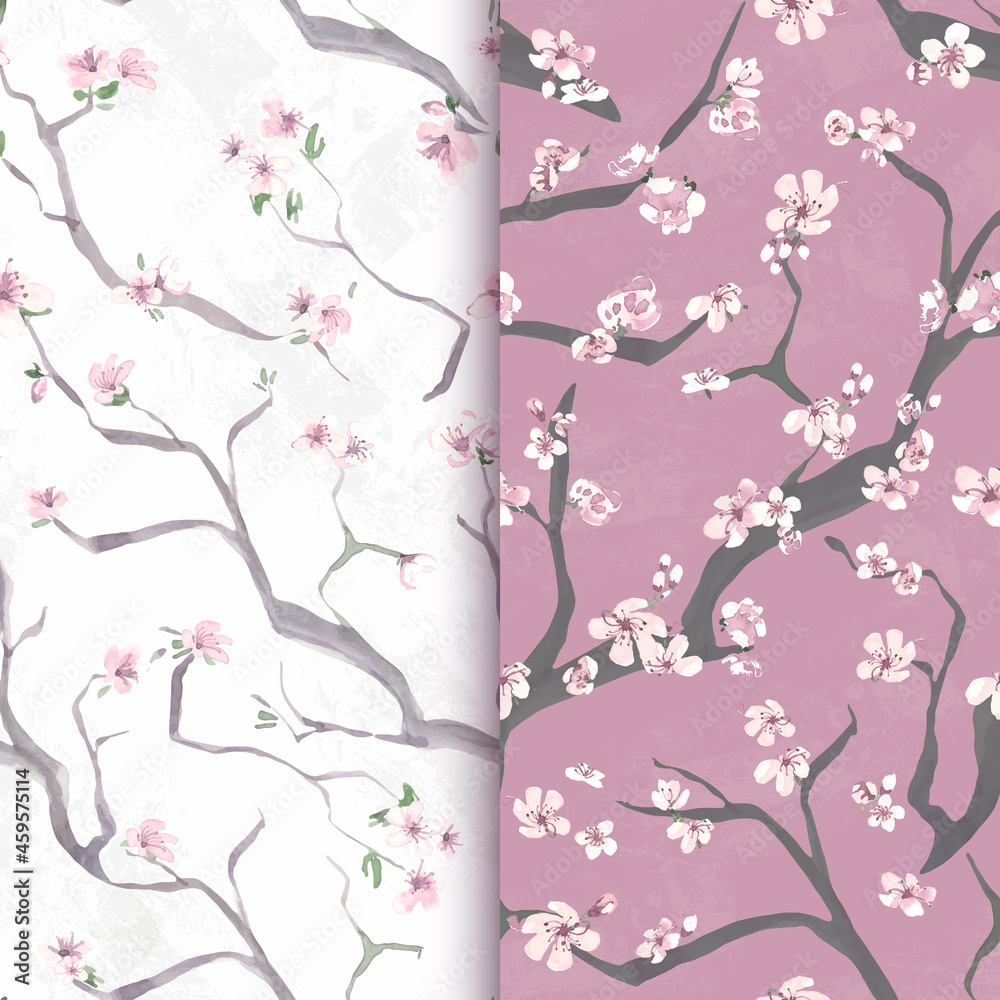 Seamless sakura flower. Vector cherry wallpaper. Japan asian background. Watercolor sakura pattern. Spring vintage design. Set of pink apple paintings. Japanese sakura blossom.