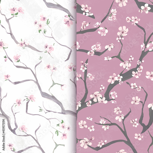 Seamless sakura flower. Vector cherry wallpaper. Japan asian background. Watercolor sakura pattern. Spring vintage design. Set of pink apple paintings. Japanese sakura blossom.