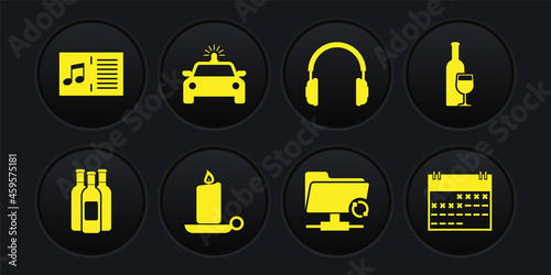 Set Bottles of wine, Wine bottle with glass, Burning candle candlestick, FTP sync refresh, Headphones and Police car flasher icon. Vector