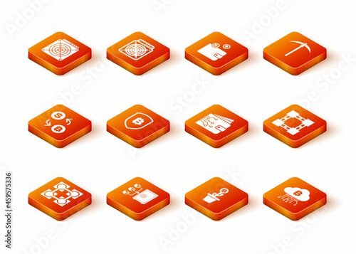 Set Blockchain technology, Proof of stake, Cryptocurrency exchange, Shield with bitcoin, Bitcoin plant the pot and wallet icon. Vector