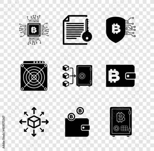 Set CPU mining farm, Smart contract, Shield with bitcoin, Distribution, Cryptocurrency wallet and Proof of stake icon. Vector