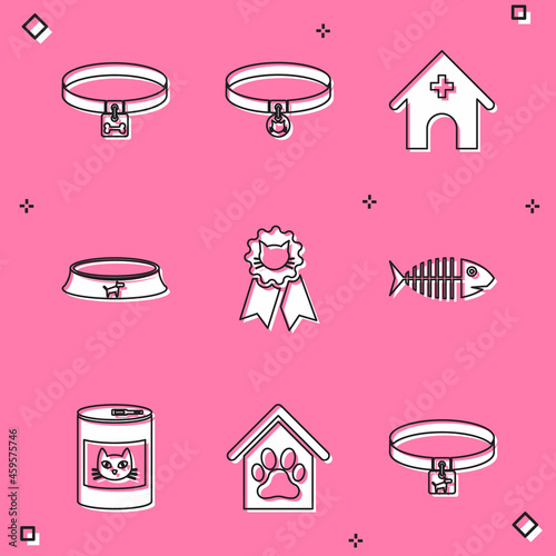 Set Dog collar, Cat, Veterinary medicine hospital, Pet food bowl, award symbol and Fish skeleton icon. Vector